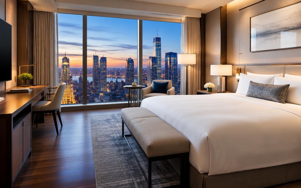 Modern hotel suite with a king bed and city skyline view