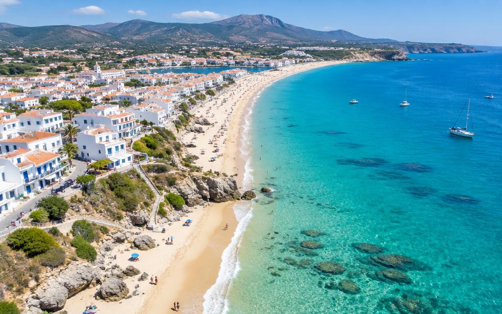 Aerial view of a coastal town with a sandy beach and clear water
