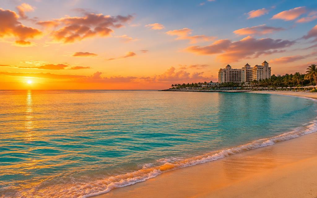 Sunset over a tropical beach with a resort hotel in the distance